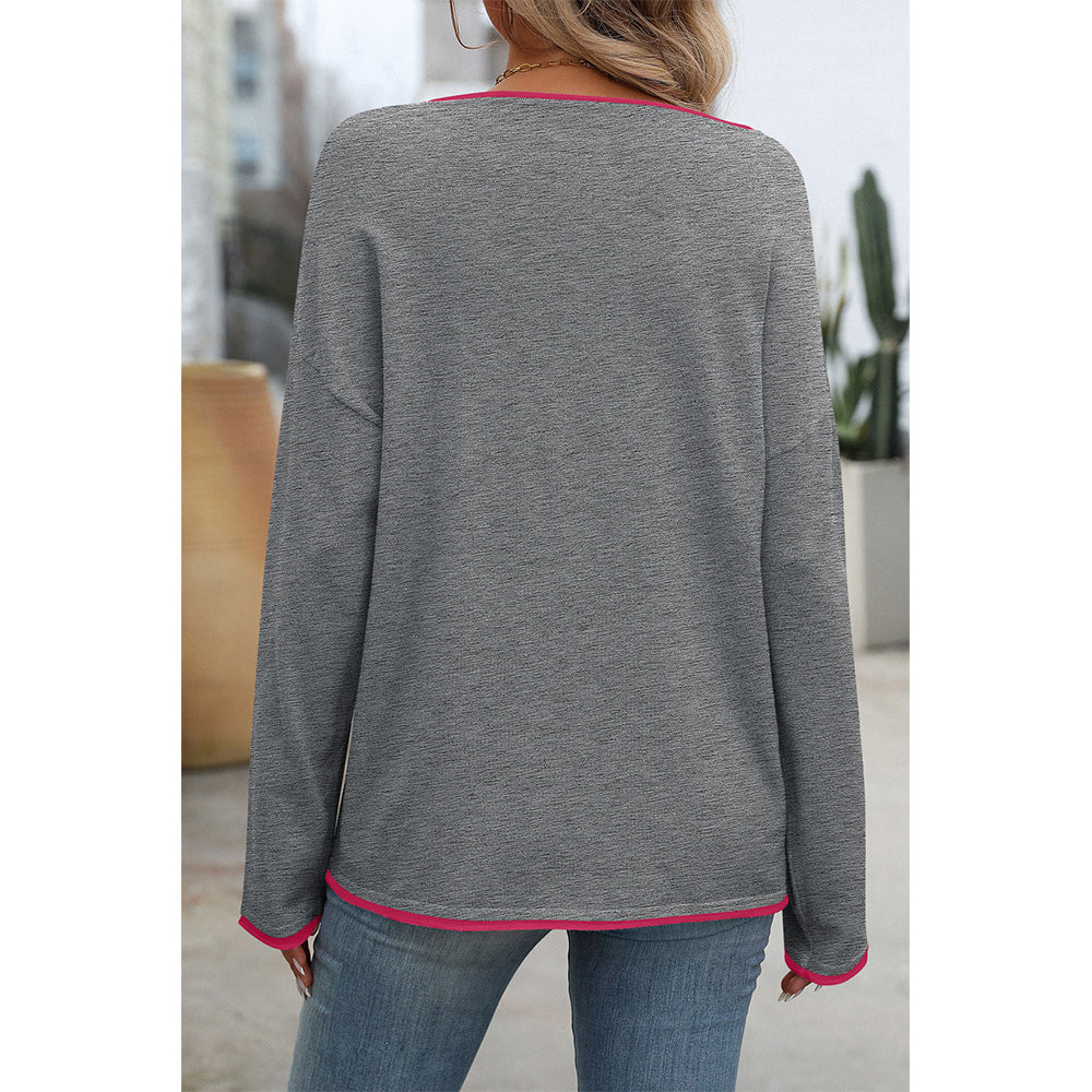 V For City Women's Contrast Trim Long Sleeve Crewneck Sweater Pollover Tops