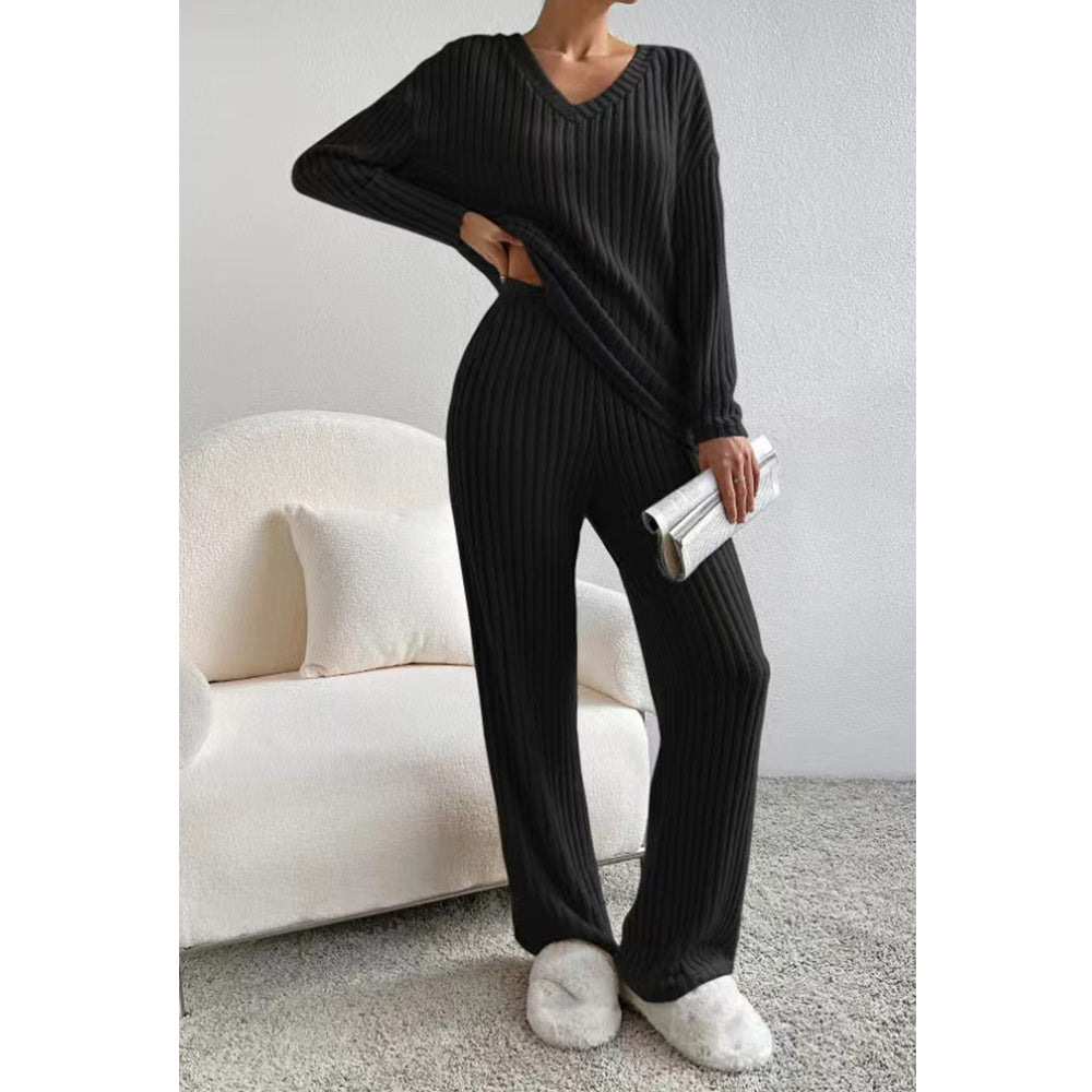 V For City Women's Fall/Winter Ribbed Knit Loungewear Set Loose V-Neck Top & Straight-Leg Pants Pajama Set