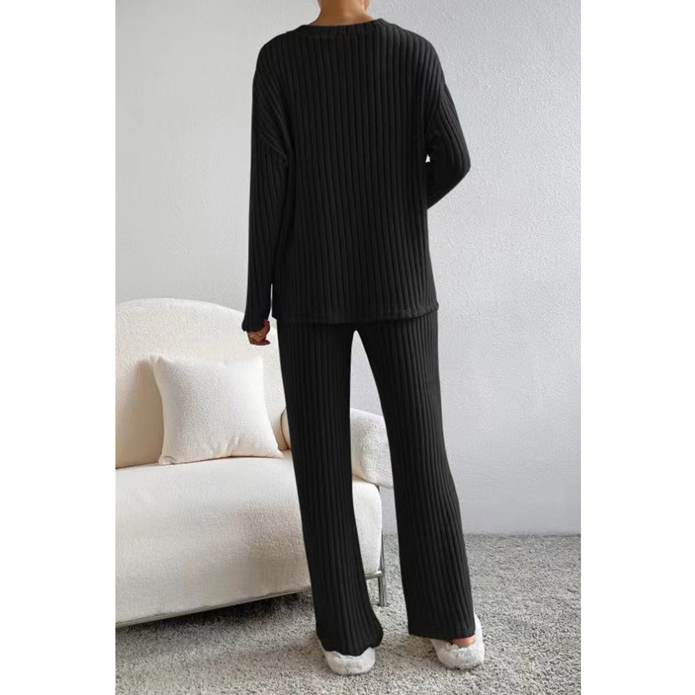 V For City Women's Fall/Winter Ribbed Knit Loungewear Set Loose V-Neck Top & Straight-Leg Pants Pajama Set