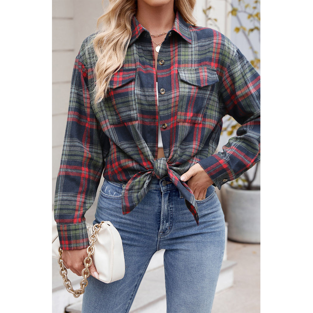 V For City Women's Casual Oversized Button Front Long Sleeve Plaid Shirts with Chest Pockets