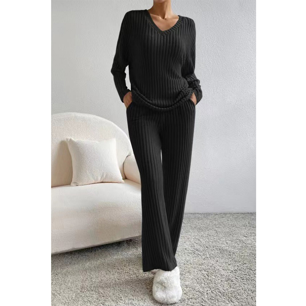 V For City Women's Fall/Winter Ribbed Knit Loungewear Set Loose V-Neck Top & Straight-Leg Pants Pajama Set