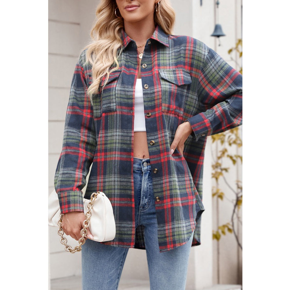 V For City Women's Casual Oversized Button Front Long Sleeve Plaid Shirts with Chest Pockets