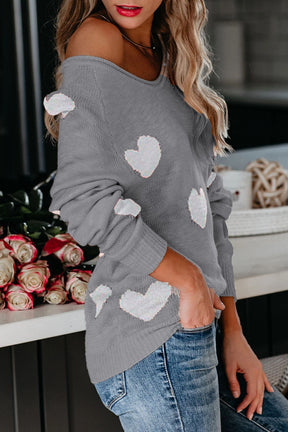 Crewneck Comfy Fuzzy Hearts Knit Sweater Pullover-AL9408