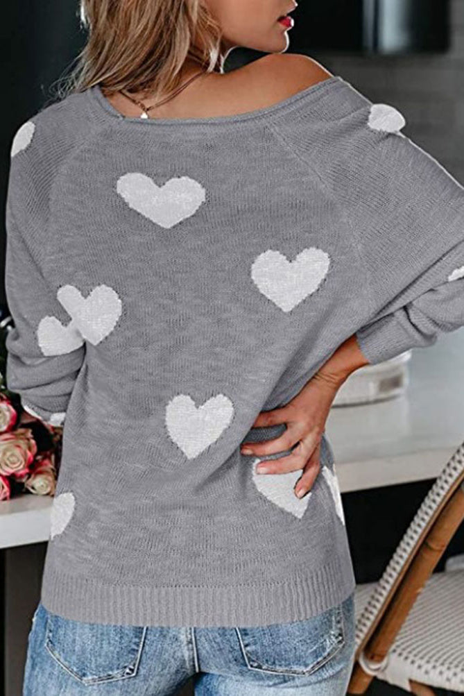 Crewneck Comfy Fuzzy Hearts Knit Sweater Pullover-AL9408