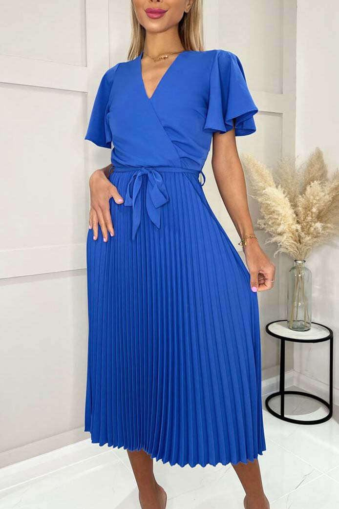 V-Neck Solid Belted Pleated Skirt A Midi Dress-AL9380