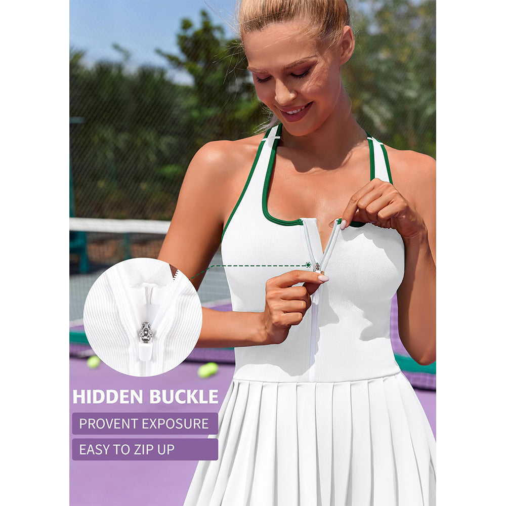 Attraco Women's Color Block Tennis Dress with Built in Shorts and Bra Pleated Golf Dress Seamless Athletic Dress With Zipped Front