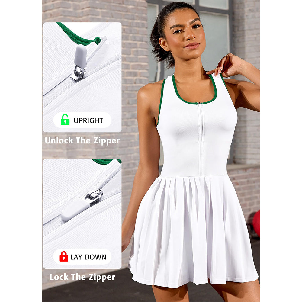 Attraco Women's Color Block Tennis Dress with Built in Shorts and Bra Pleated Golf Dress Seamless Athletic Dress With Zipped Front