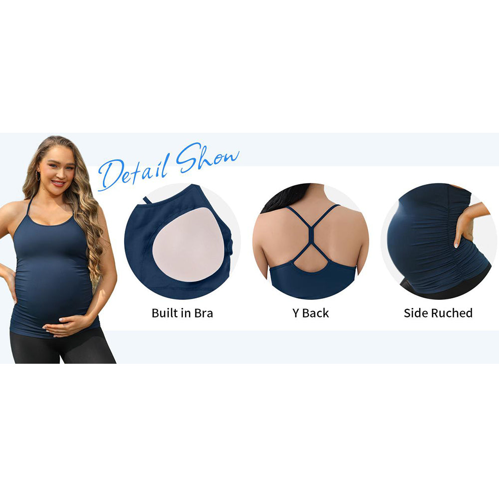 Attraco Women's Maternity Tank Tops Sport Tops with Built in Bra Seamless Y Back Side Ruched Pregnancy Tank Top