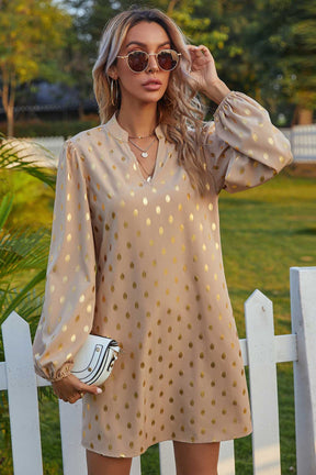 Notched Neck Gold Polka Dotted Tunic Dress-AL9456