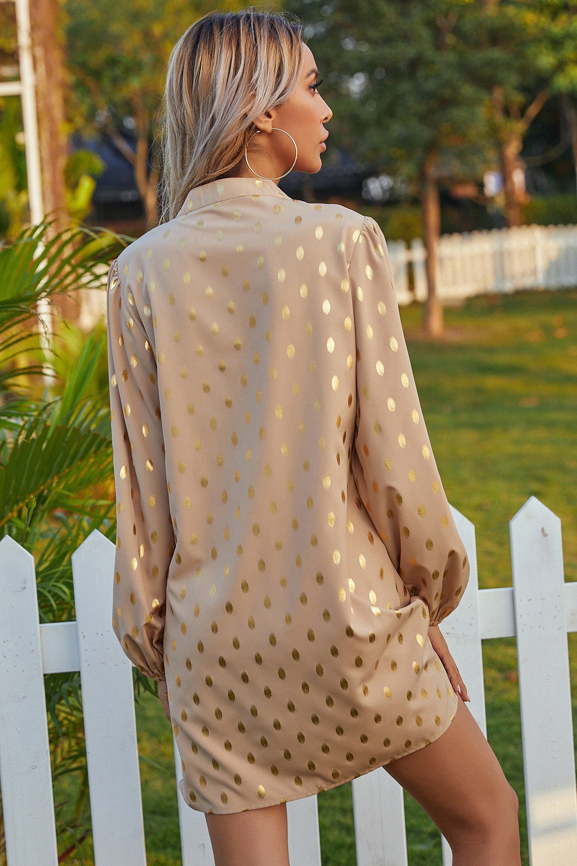 Notched Neck Gold Polka Dotted Tunic Dress-AL9456