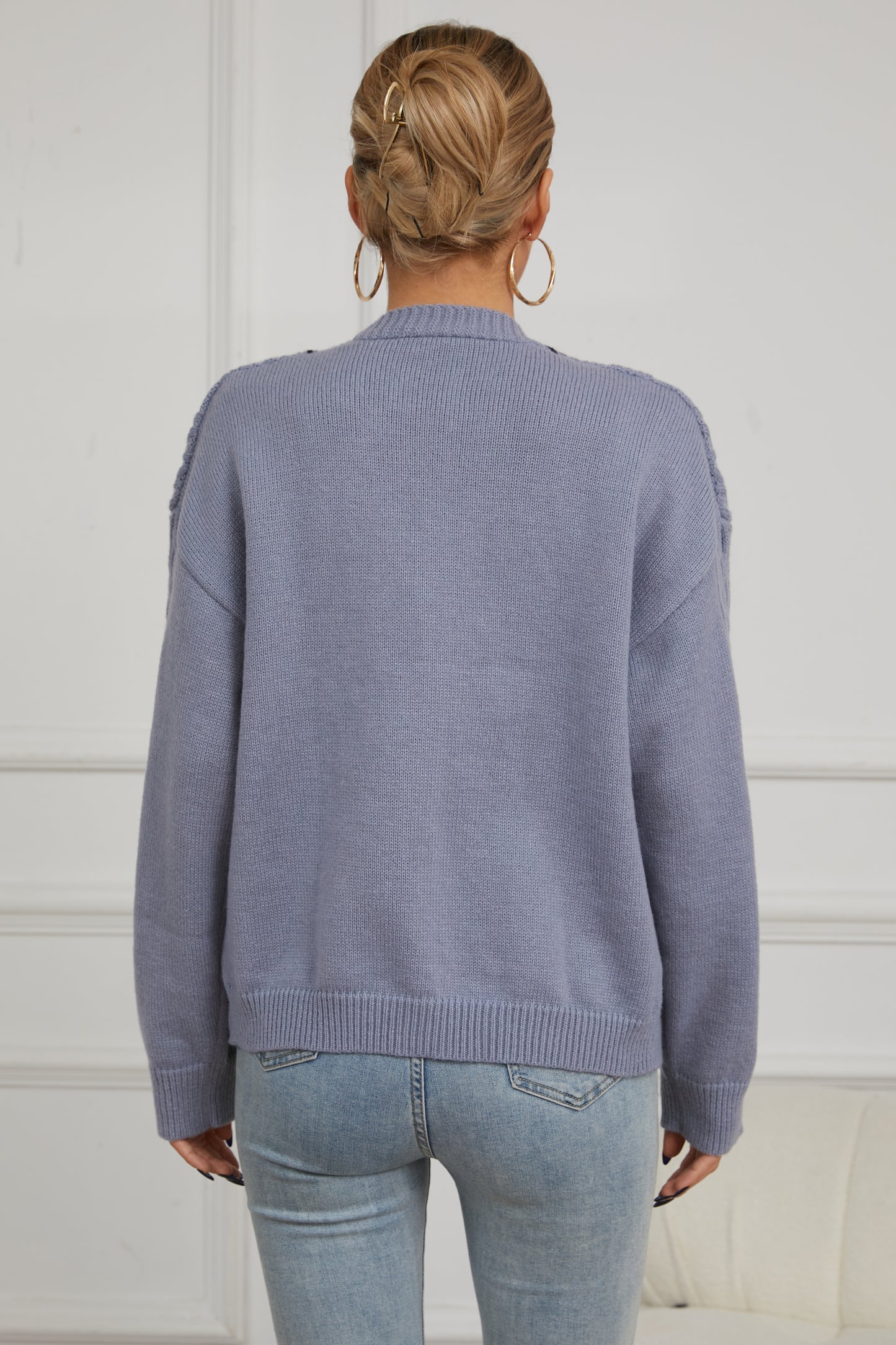 V For City Women's Cable-Knit V Neck Long Sleeve Button Down Cardigan with Contrast Stitching