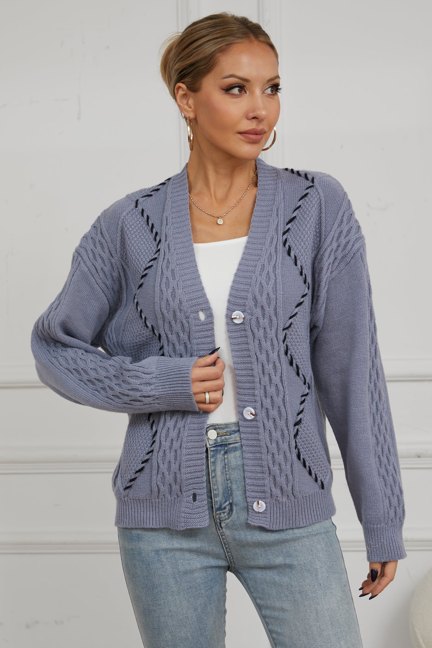 V For City Women's Cable-Knit V Neck Long Sleeve Button Down Cardigan with Contrast Stitching