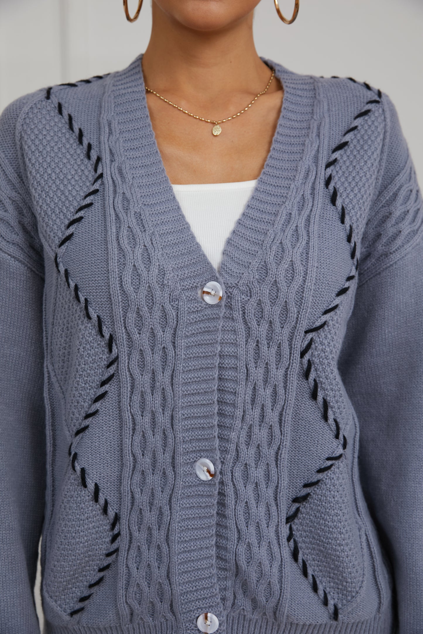 V For City Women's Cable-Knit V Neck Long Sleeve Button Down Cardigan with Contrast Stitching