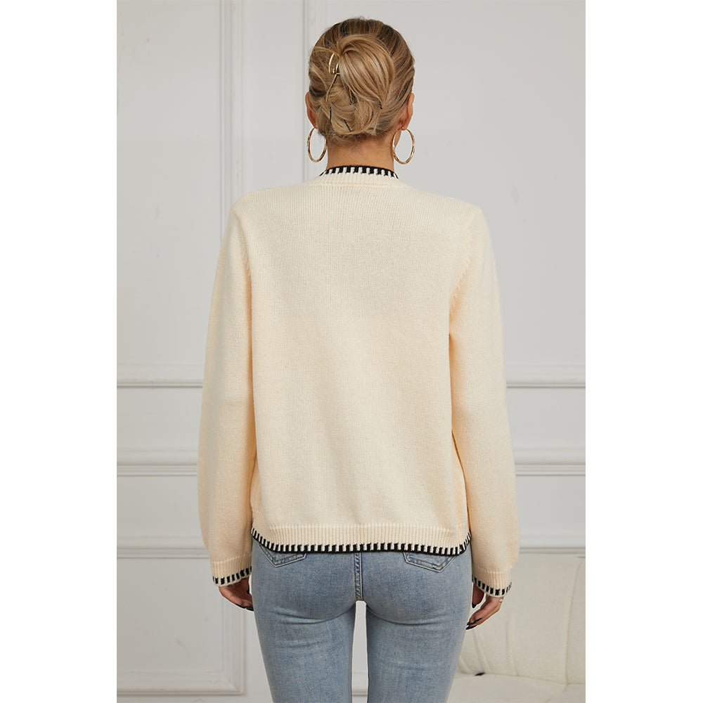 V For City Women's Knit Round Neck Long Sleeve Button Down Cardigan with Contrast Trim and Pockets