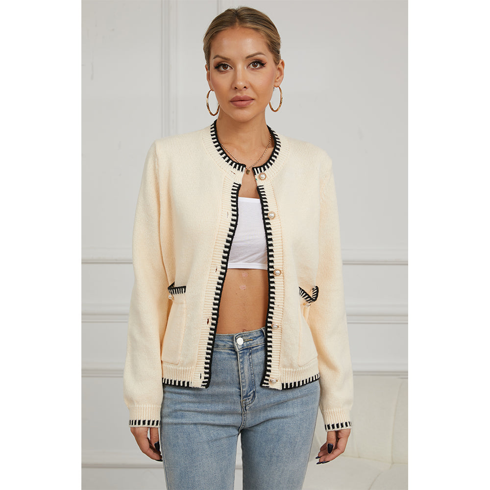 V For City Women's Knit Round Neck Long Sleeve Button Down Cardigan with Contrast Trim and Pockets