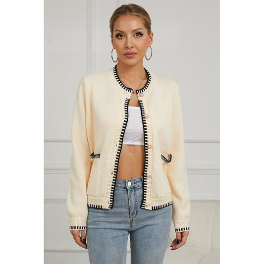 V For City Women's Knit Round Neck Long Sleeve Button Down Cardigan with Contrast Trim and Pockets