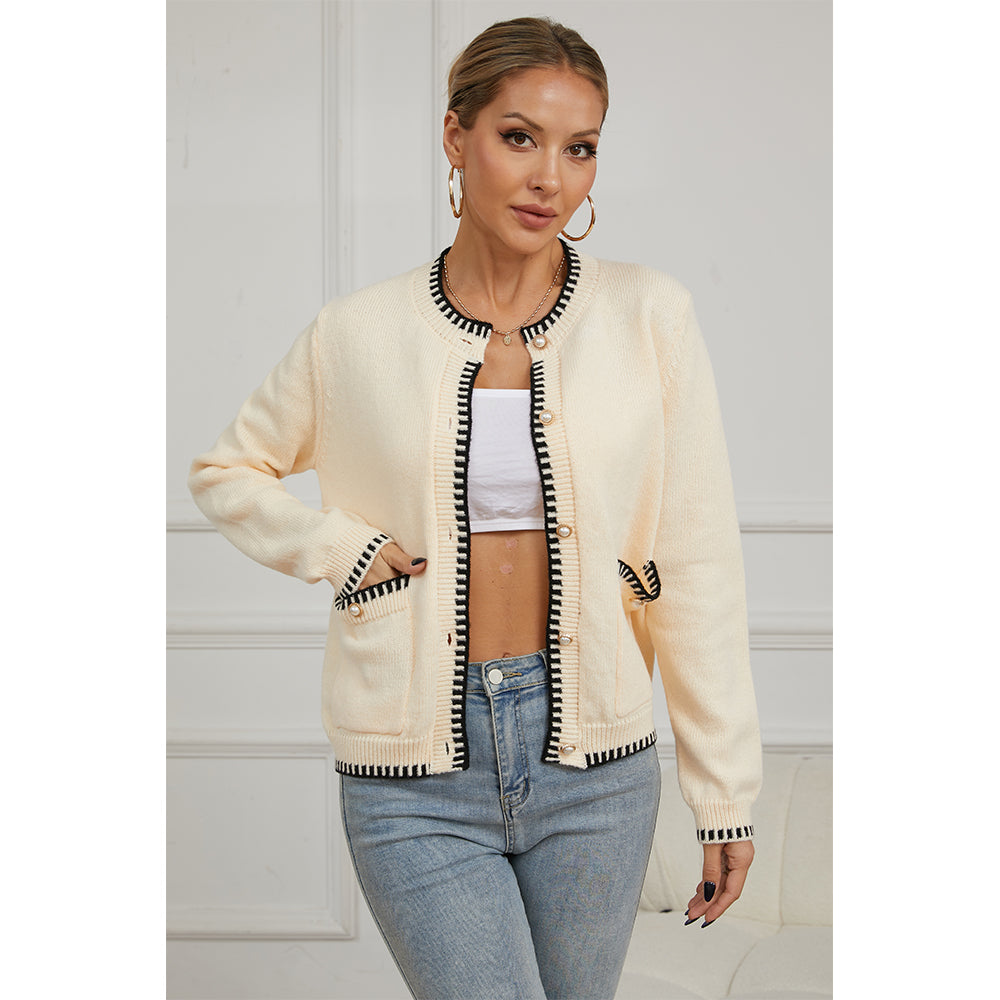 V For City Women's Knit Round Neck Long Sleeve Button Down Cardigan with Contrast Trim and Pockets