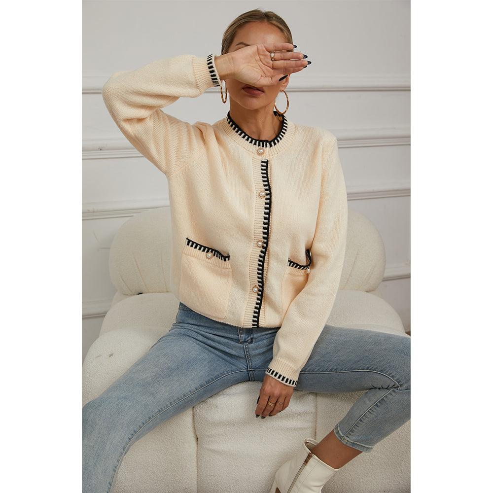 V For City Women's Knit Round Neck Long Sleeve Button Down Cardigan with Contrast Trim and Pockets