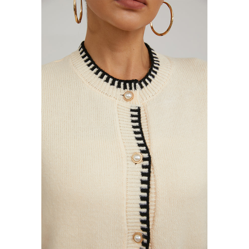 V For City Women's Knit Round Neck Long Sleeve Button Down Cardigan with Contrast Trim and Pockets