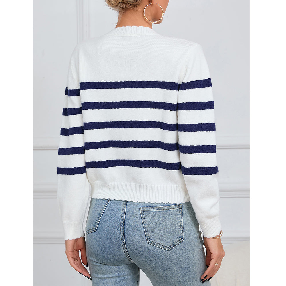 V For City Women's Striped Crochet Knit Long Sleeve Round Neck Open Front Cardigan Sweaters