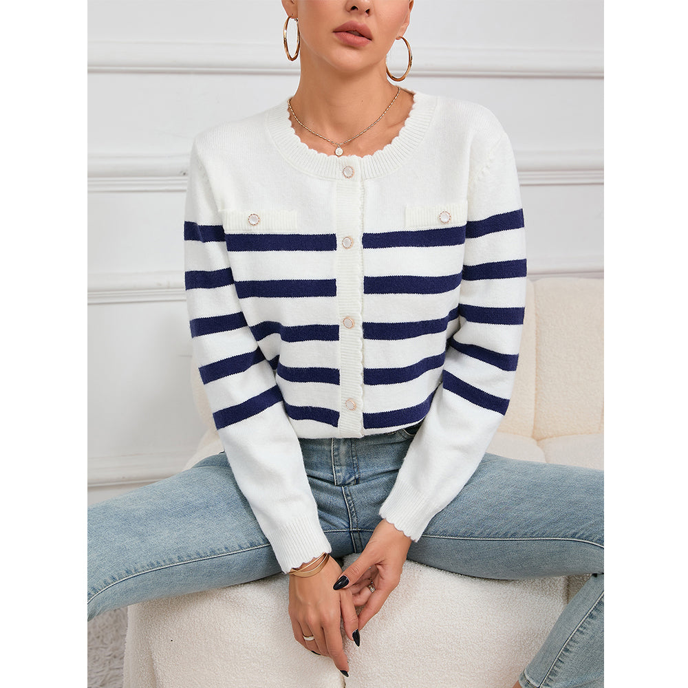 V For City Women's Striped Crochet Knit Long Sleeve Round Neck Open Front Cardigan Sweaters