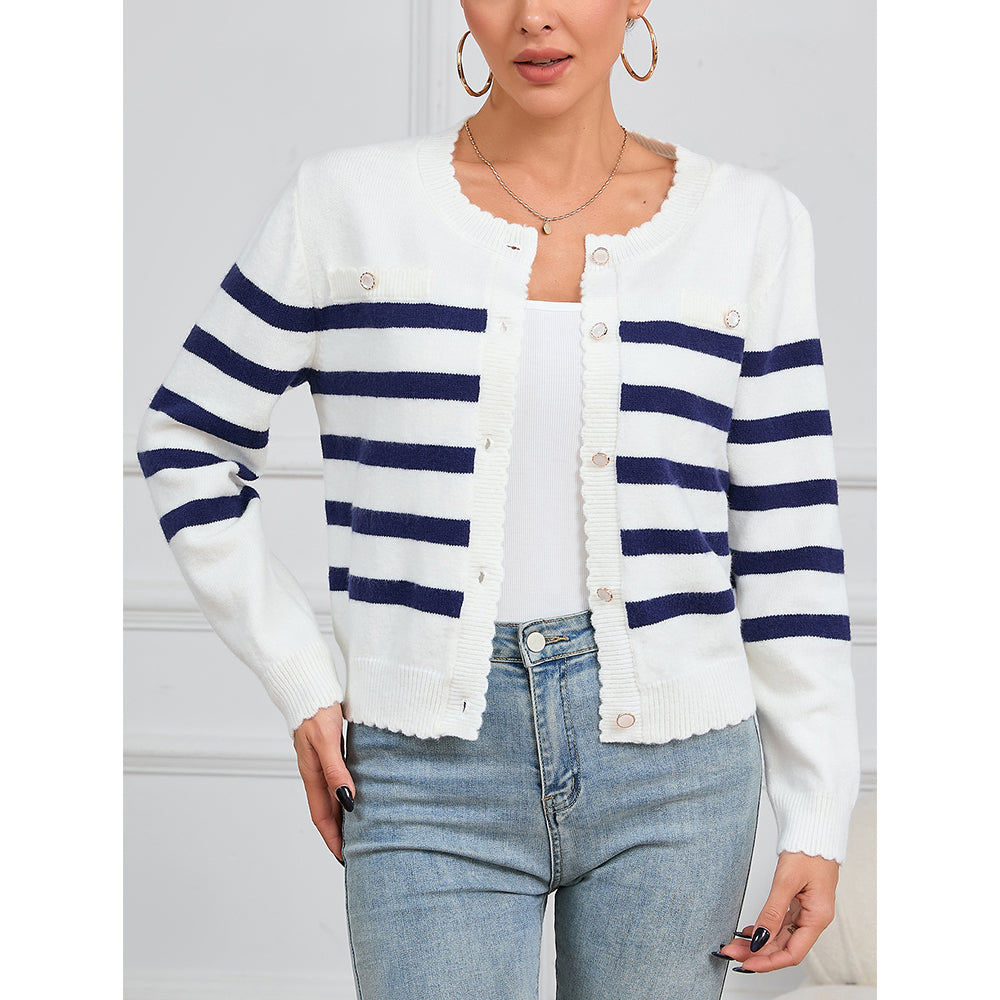 V For City Women's Striped Crochet Knit Long Sleeve Round Neck Open Front Cardigan Sweaters