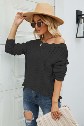 Cut Out Bateau Neck Long Sleeves Pullovers Sweater-AL9409