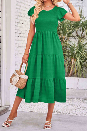 Flutter Short Sleeve Crew Neck Tiered Midi Dress-AL9395