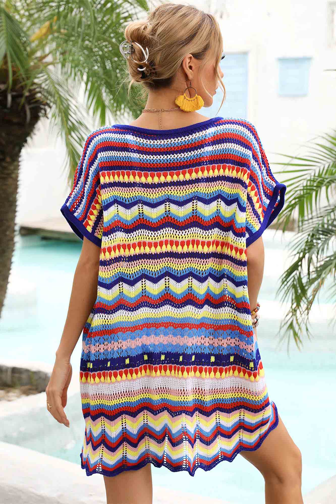 V Neck Wave-Hem Colorblock Crochet Cover-Up-AL9451