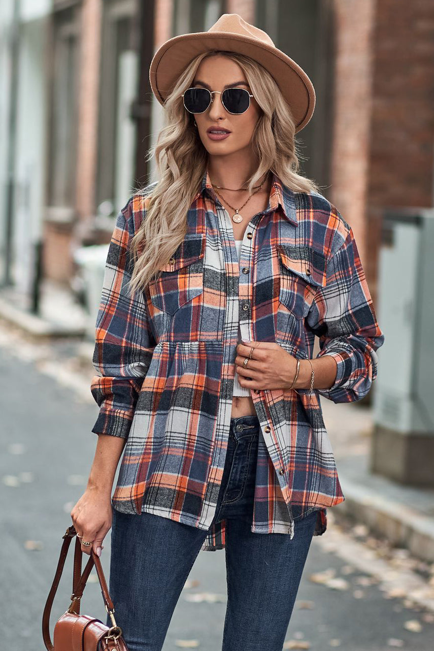 Lapel Long Sleeve Pocket Casual Plaid Shirt-AL9574