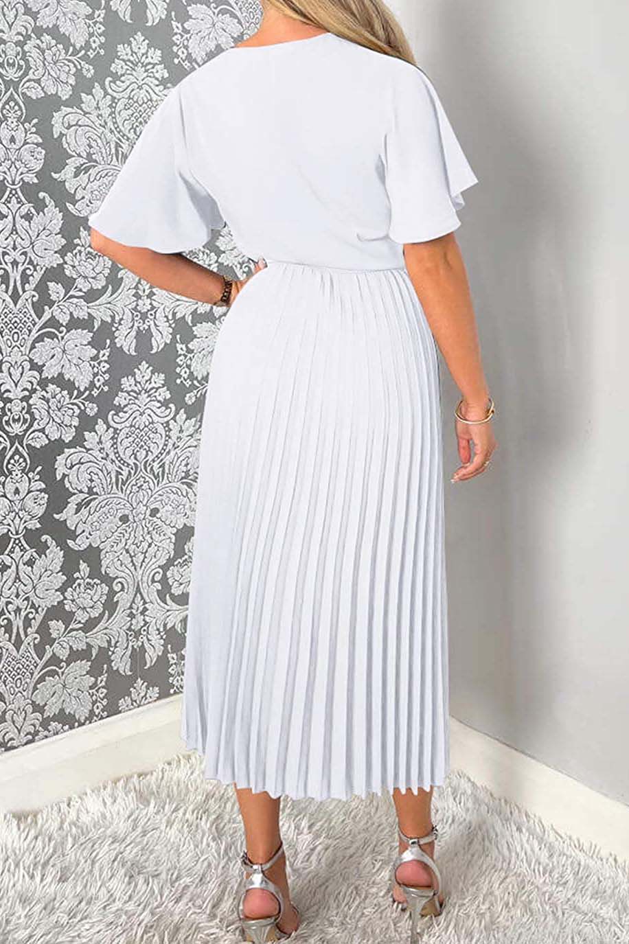 V-Neck Solid Belted Pleated Skirt A Midi Dress-AL9380