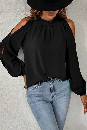 Ruffled Round Neck Long Sleeve Cold Shoulder Top