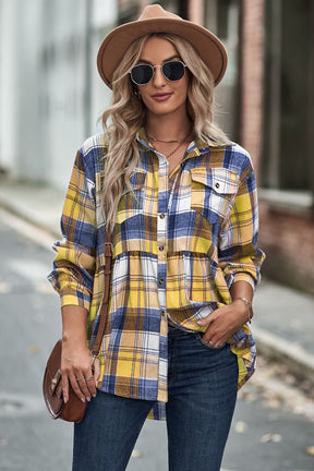 Lapel Long Sleeve Pocket Casual Plaid Shirt-AL9574