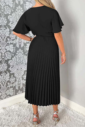 V-Neck Solid Belted Pleated Skirt A Midi Dress-AL9380