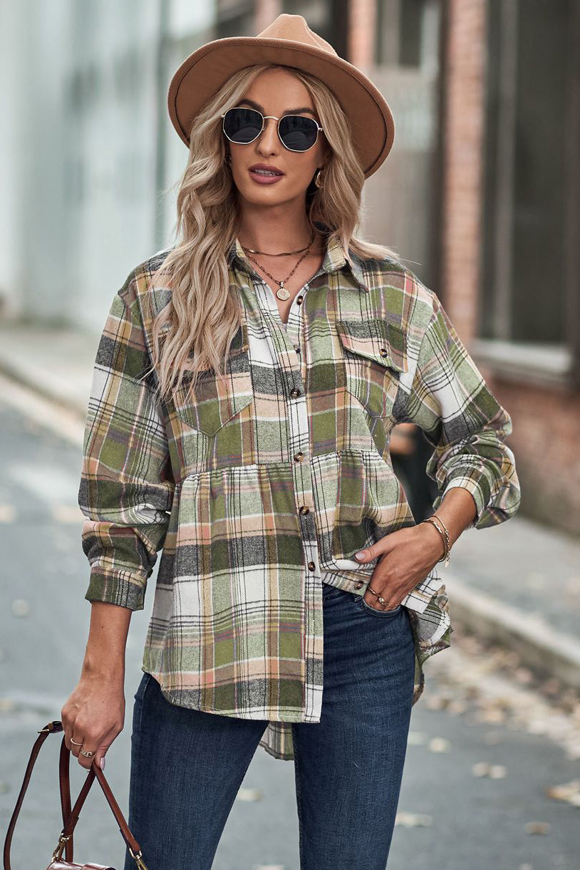 Lapel Long Sleeve Pocket Casual Plaid Shirt-AL9574