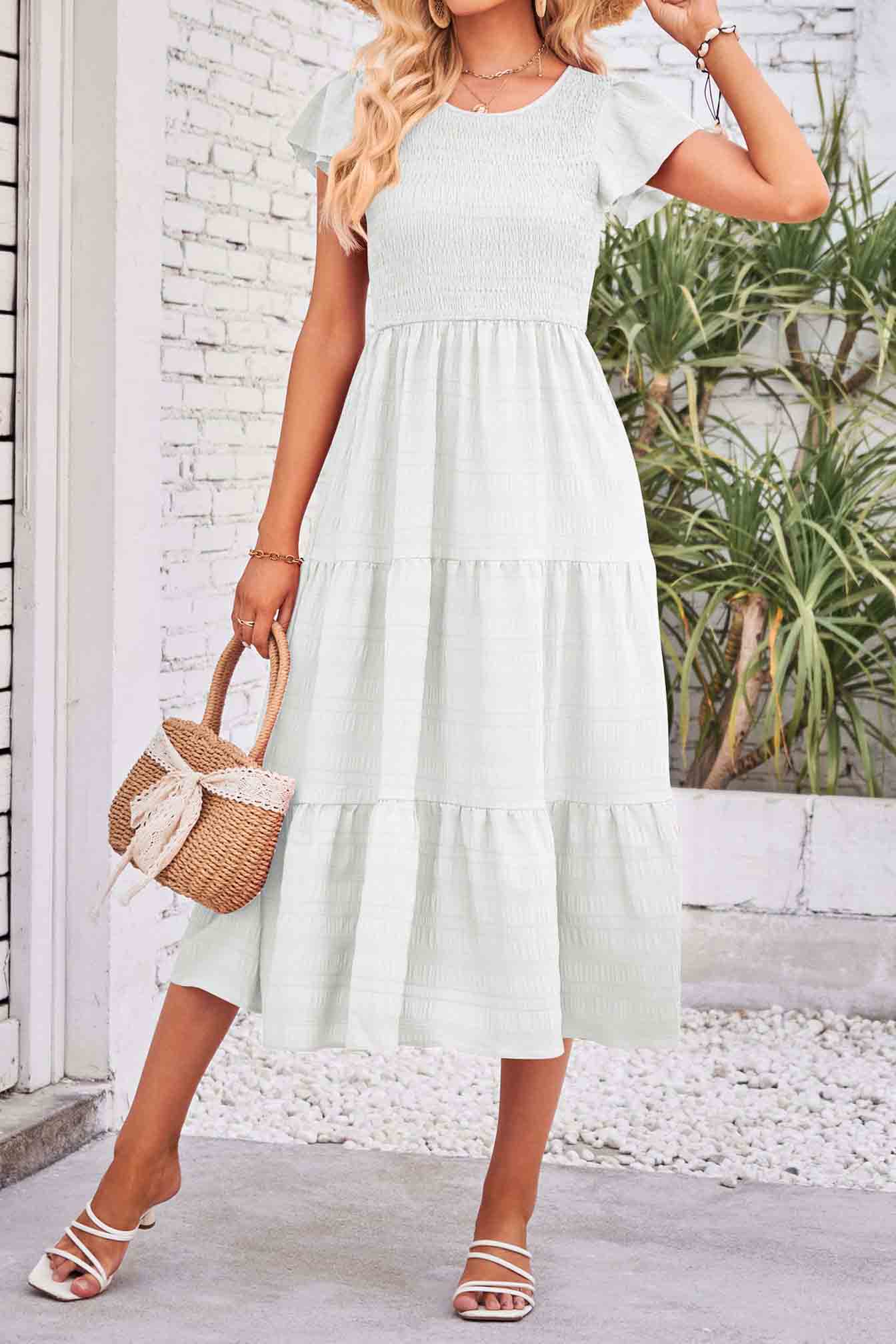 Flutter Short Sleeve Crew Neck Tiered Midi Dress-AL9395