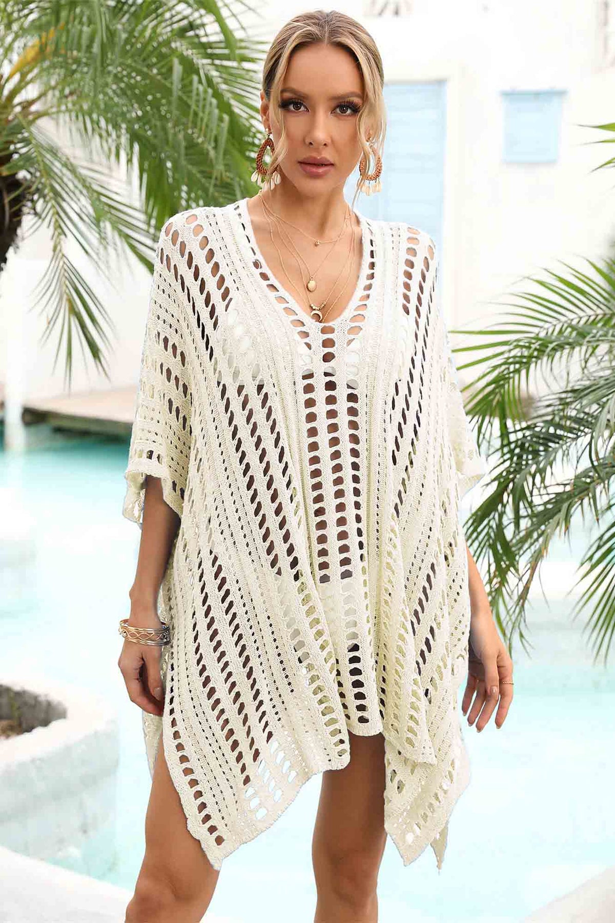 Openwork Side Slit Beach Cover-Up-AL9442