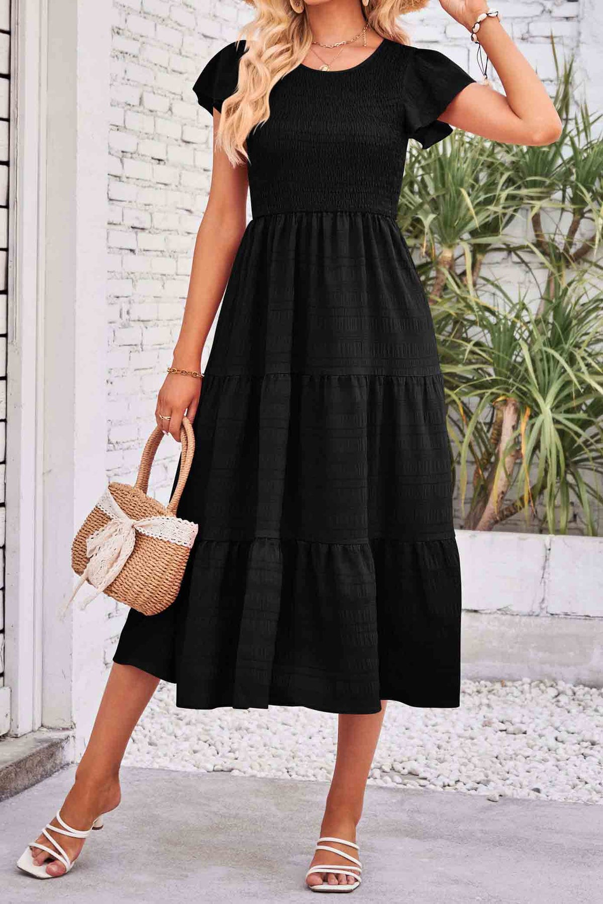 Flutter Short Sleeve Crew Neck Tiered Midi Dress-AL9395