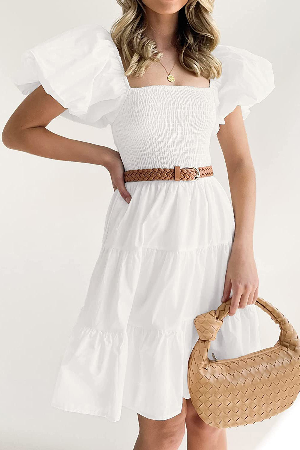 Square Neck Short Puff Sleeve Tiered Mini Dress-AL9392