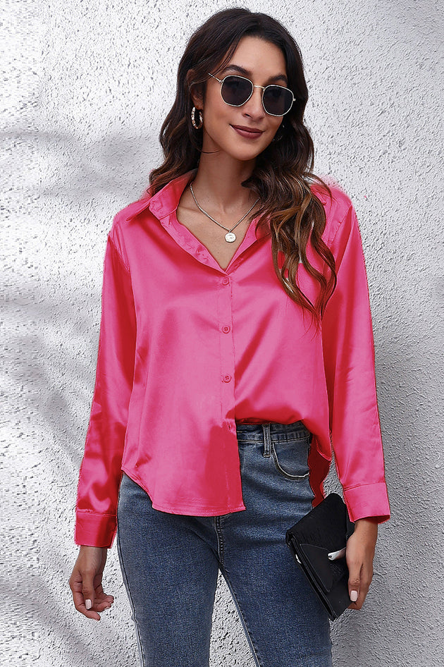 Solid Silk Button Blouse Tops Satin Shirt -AL9448