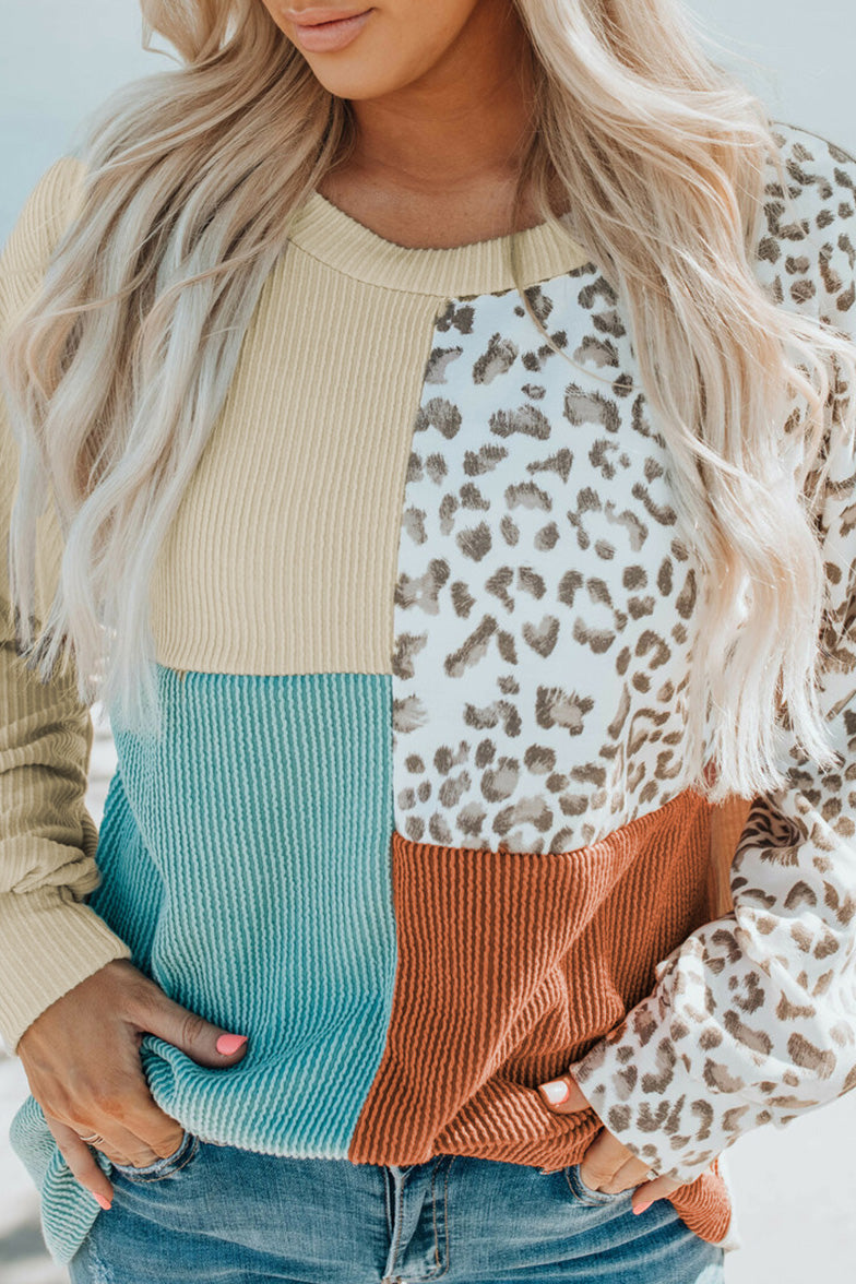 Leopard Color Block Ribbed Sweatshirt Top-AL9400