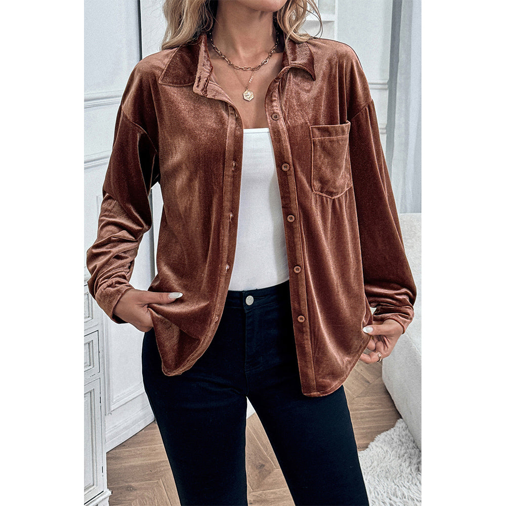 V For City Women's Velvet Collared Lantern Sleeve Button Down Shirts