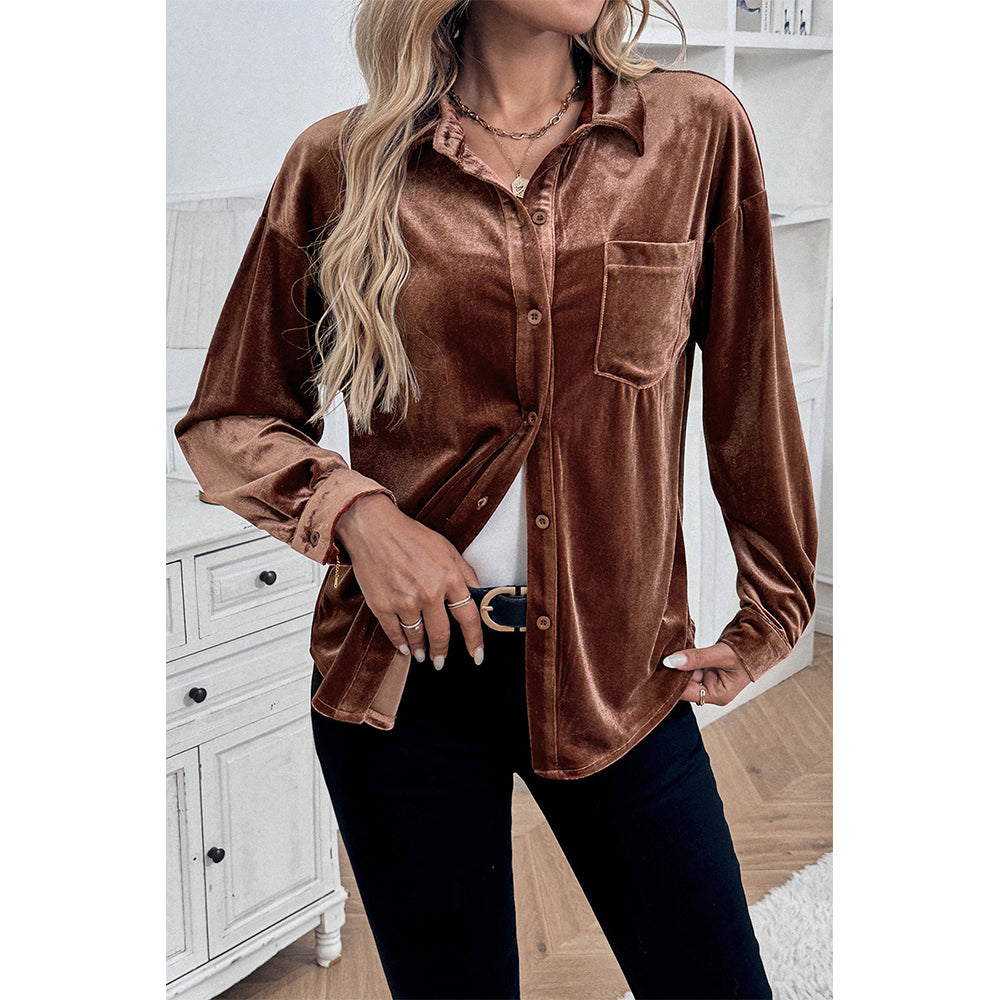 V For City Women's Velvet Collared Lantern Sleeve Button Down Shirts