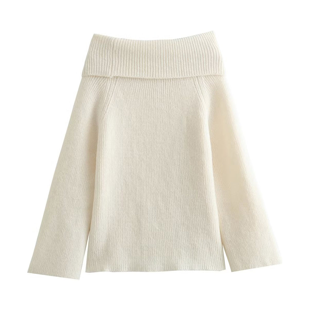 V For City Women's Autumn Winter Off-Shoulder Slim-Fit Solid Color Pullover Sweater