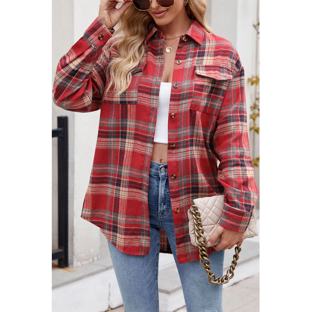V For City Women's Casual Oversized Button Front Long Sleeve Plaid Shirts with Chest Pockets