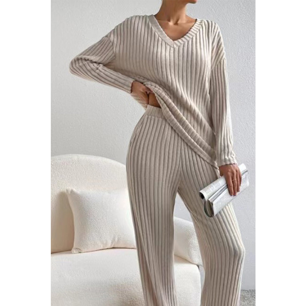 V For City Women's Fall/Winter Ribbed Knit Loungewear Set Loose V-Neck Top & Straight-Leg Pants Pajama Set