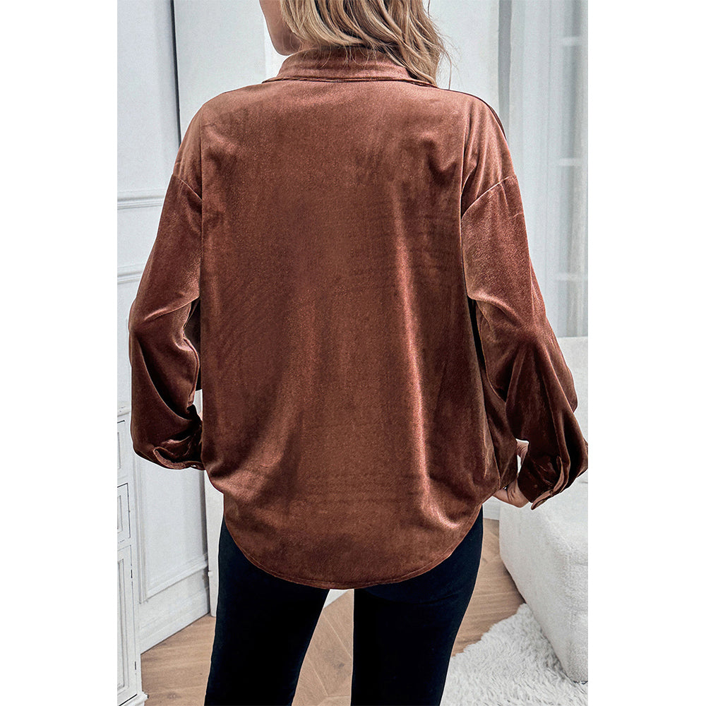 V For City Women's Velvet Collared Lantern Sleeve Button Down Shirts