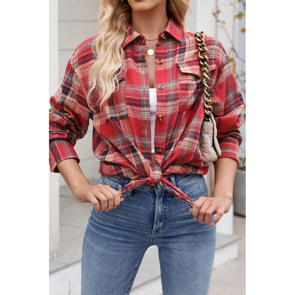 V For City Women's Casual Oversized Button Front Long Sleeve Plaid Shirts with Chest Pockets