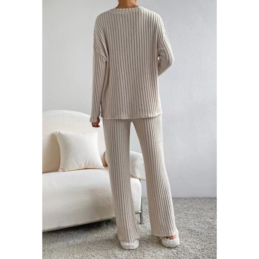 V For City Women's Fall/Winter Ribbed Knit Loungewear Set Loose V-Neck Top & Straight-Leg Pants Pajama Set