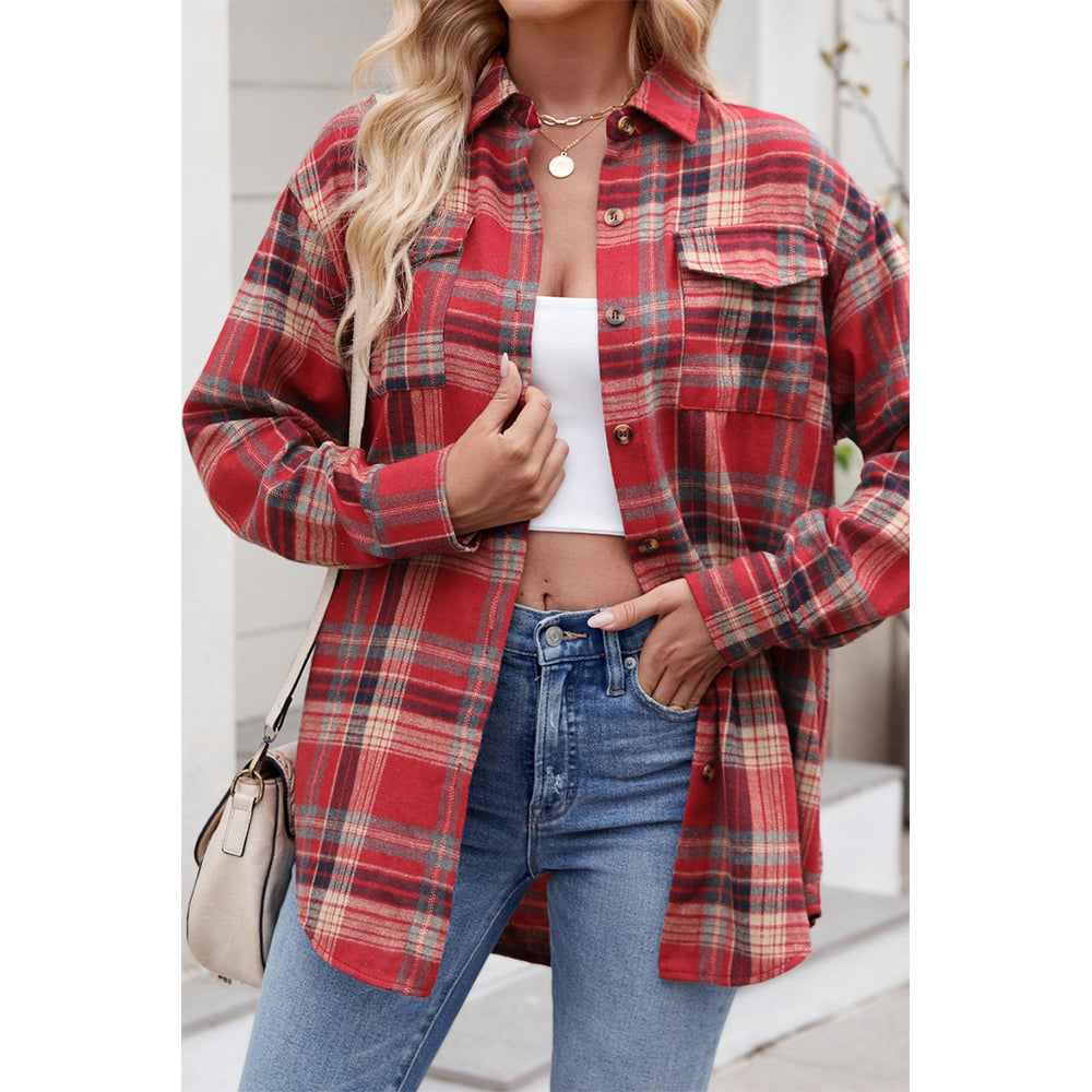 V For City Women's Casual Oversized Button Front Long Sleeve Plaid Shirts with Chest Pockets